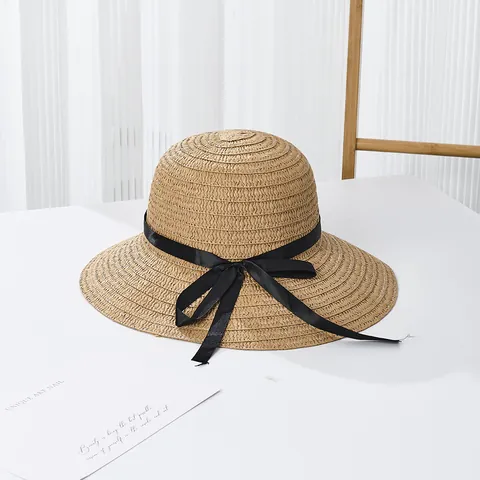 Women Sun Straw Hat Wide Brim Summer Beach Sunshade Cap With Black Ribbon Bow Breathable Travel Outdoor Vacation Hat