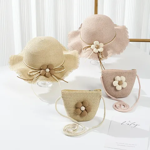 Kids Girls Flower Decor Paper Straw Sun Hat And Mini Crossbody Bag Scalloped Brim Beach Hat For Summer Travel Sun Protection