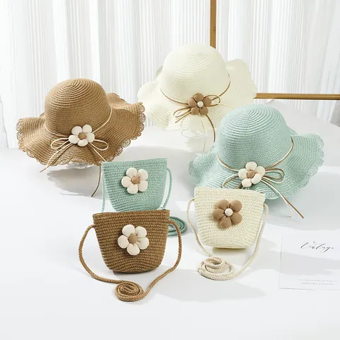 Kids Girls Flower Decor Paper Straw Sun Hat And Mini Crossbody Bag Scalloped Brim Beach Hat For Summer Travel Sun Protection