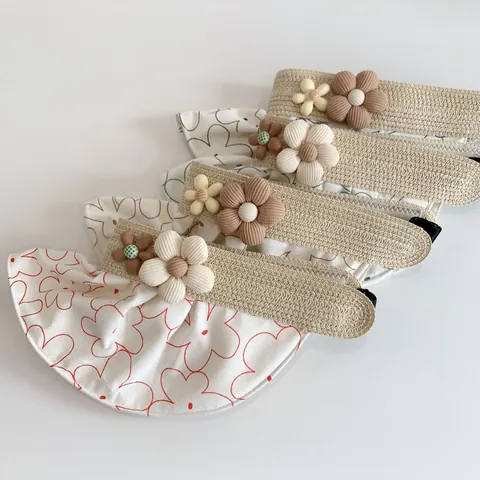Kinder Zonnehoed Zonneklep Bloemen Opvouwbaar Stroweven Met Bloemendecor Voor Meisjes Zomer Reizen Strand Zonnekap