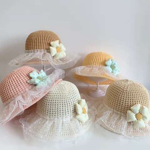 Kinder Zomer Strohoed Kant Stippen Gaas Rand Bloem Decor Ademend Strandhoed Met Winddicht Touw Meisjes
