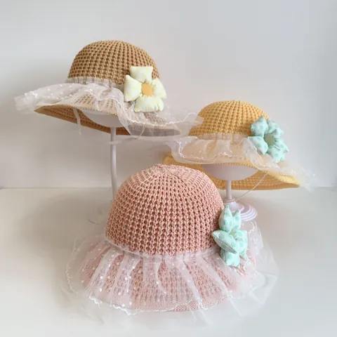Kinder Zomer Strohoed Kant Stippen Gaas Rand Bloem Decor Ademend Strandhoed Met Winddicht Touw Meisjes