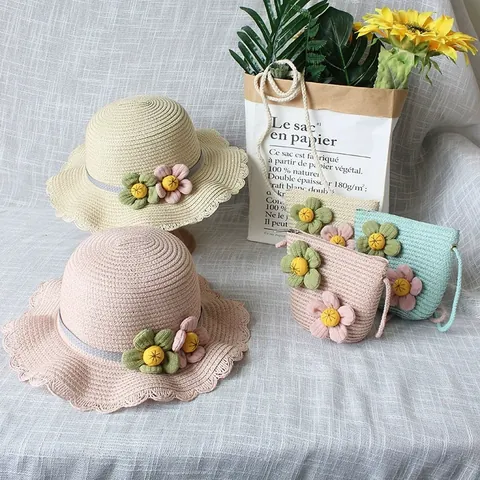 Kids Girls Summer Straw Hat And Crossbody Bag Set Floral Wavy Brim Sunshade Beach Sun Hat For Outdoor Travel