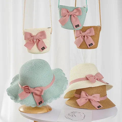 Girls Summer Straw Hat And Crossbody Bag Set Shading Sun Protection Wavy Edge Bowknot Beach Hat For Children Women Vacation Accessory