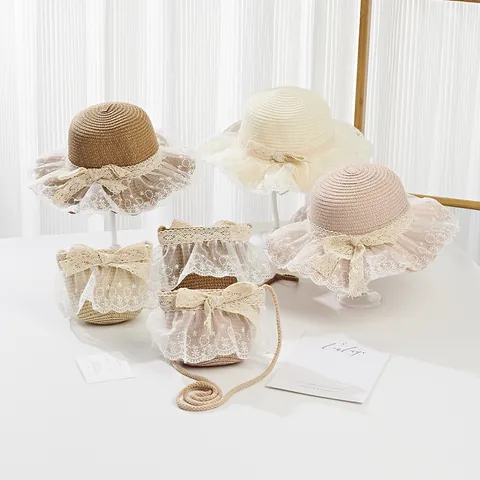 Kids Girl Sun Straw Hat And Lace Straw Bag Set Summer Beach Sun Protection Paper Straw Hat Embroidered Lace Ribbon Bow Cute Princess Style Outdoor Travel Sun Hat For Girls
