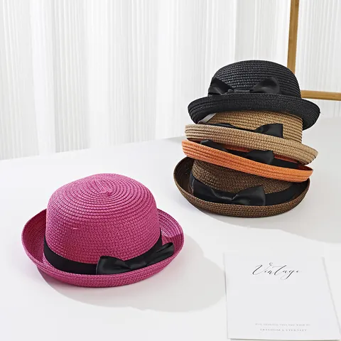 Summer Breathable Paper Straw Hat With Black Ribbon Bow Roll Edge Round Top Sun Shade Hat For Kids And Women Travel Beach