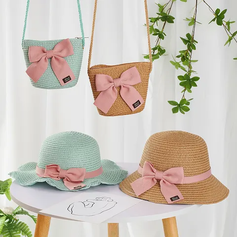 Girls Summer Straw Hat And Crossbody Bag Set Shading Sun Protection Wavy Edge Bowknot Beach Hat For Children Women Vacation Accessory