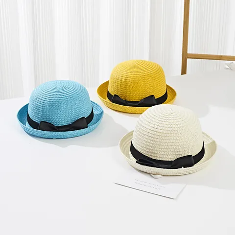 Summer Breathable Paper Straw Hat With Black Ribbon Bow Roll Edge Round Top Sun Shade Hat For Kids And Women Travel Beach
