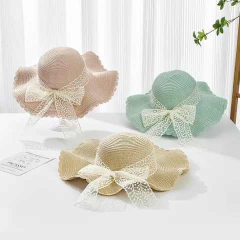 Women Kids Summer Sun Straw Hat Wide Ruffled Brim Lace Bow Beach Vacation Sunshade Foldable Pastoral Style Straw Weave Hat