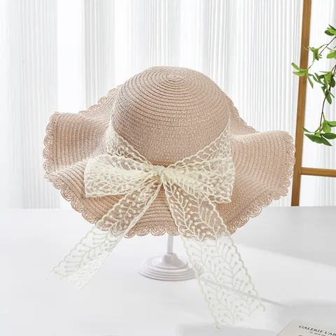 Women Kids Summer Sun Straw Hat Wide Ruffled Brim Lace Bow Beach Vacation Sunshade Foldable Pastoral Style Straw Weave Hat