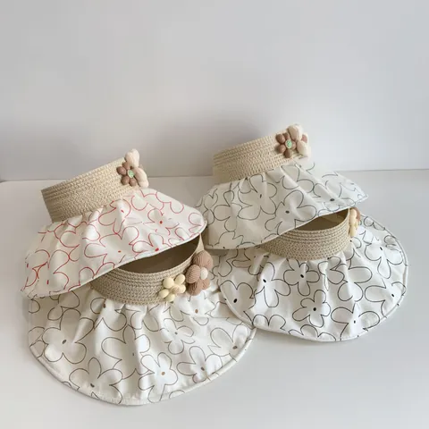 Kinder Zonnehoed Zonneklep Bloemen Opvouwbaar Stroweven Met Bloemendecor Voor Meisjes Zomer Reizen Strand Zonnekap