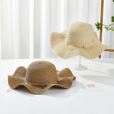 Women Elegant Wavy Brim Straw Hat With Artificial Pearl Bowknot Summer Sun Protection Breathable Beach Vacation Foldable Sun Hat