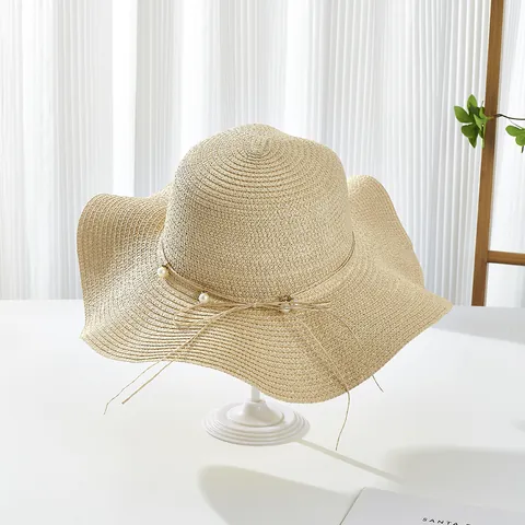 Women Elegant Wavy Brim Straw Hat With Artificial Pearl Bowknot Summer Sun Protection Breathable Beach Vacation Foldable Sun Hat