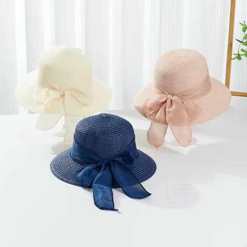 Women Elegant Paper Straw Sun Hat Large Wavy Brim Bowknot Beach Hat Summer Breathable UV Protection Foldable Vacation Cap