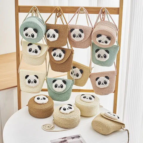 Bolso Bandolera de Paja Tejida de Panda de Dibujos Animados para Niños Lindo Panda de Peluche Decoración Bolso de Hombro para Vacaciones de Verano