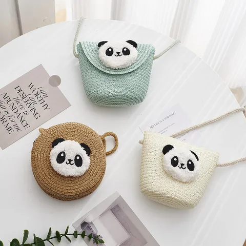 Bolso Bandolera de Paja Tejida de Panda de Dibujos Animados para Niños Lindo Panda de Peluche Decoración Bolso de Hombro para Vacaciones de Verano