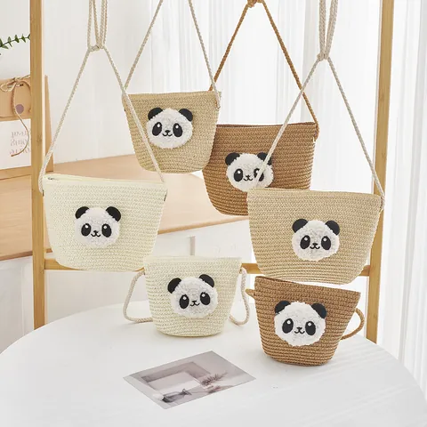 Cute Cartoon Panda Woven Straw Shoulder Bag For Kids Handmade Paper Straw Mini Messenger Crossbody Phone Bag Coin Purse For Travel