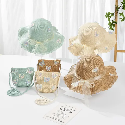 Summer Children's Straw Sun Hat And Crossbody Bag Set With Butterfly Embroidery Ribbon Bow Wavy Brim Girls Beach Accessories