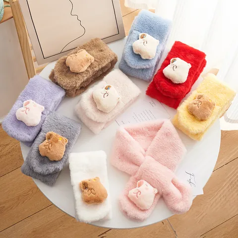 Kids Winter Warm Faux Rabbit Fur Scarf Cute Cartoon Capybara Plush Bear Cross Over Neck Warmer Soft Thick Baby Scarf