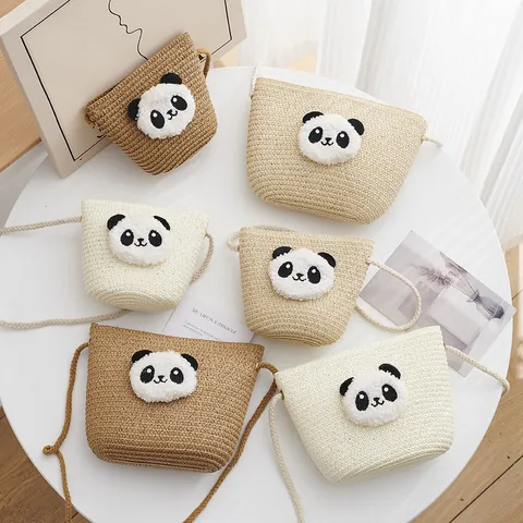 Cute Cartoon Panda Woven Straw Shoulder Bag For Kids Handmade Paper Straw Mini Messenger Crossbody Phone Bag Coin Purse For Travel