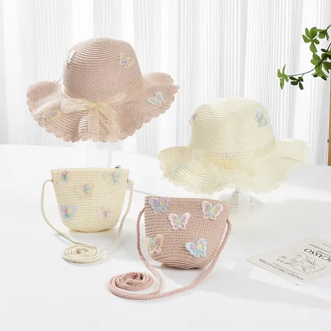 Summer Children's Straw Sun Hat And Crossbody Bag Set With Butterfly Embroidery Ribbon Bow Wavy Brim Girls Beach Accessories