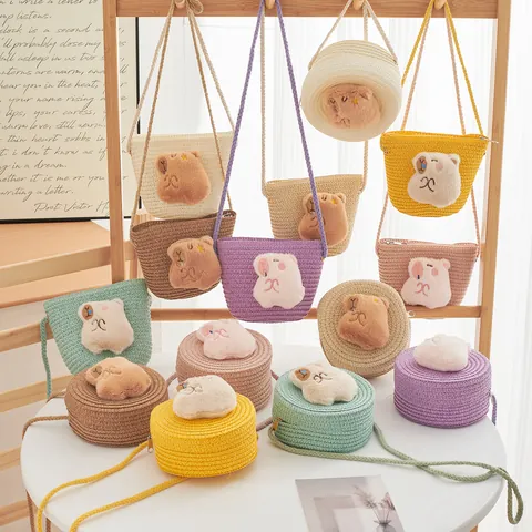 Kids Cartoon Capybara Plush Straw Woven Crossbody Bag Mini Round Bucket Shape Coin Purse For Children Girls Boys Gift