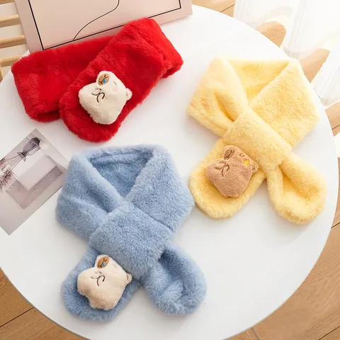 Kids Winter Warm Faux Rabbit Fur Scarf Cute Cartoon Capybara Plush Bear Cross Over Neck Warmer Soft Thick Baby Scarf