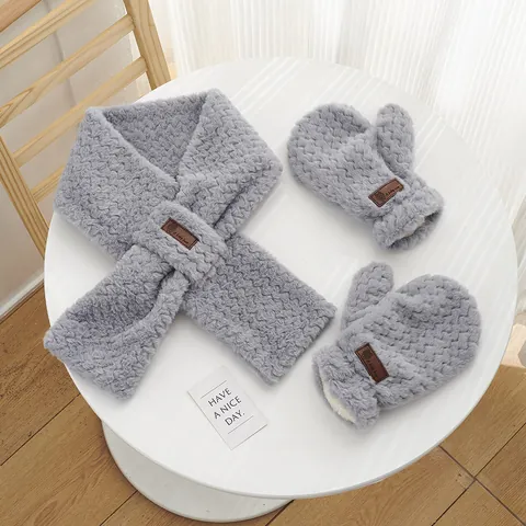 Women Winter Plush Scarf And Mitten Set Thick Warm Faux Rabbit Fur Cross Scarf Thermal Mittens With Bear Label Solid Color Soft Accessories