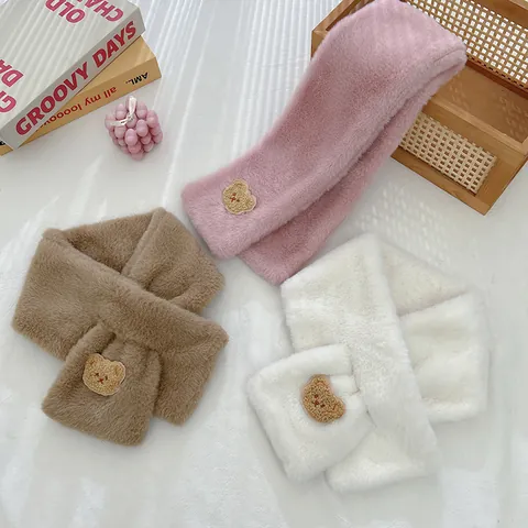 Sciarpa in Pelliccia di Coniglio Sintetica Con Toppa Orso Carino per Bambini Donna Peluche Caldo Scaldacollo Invernale
