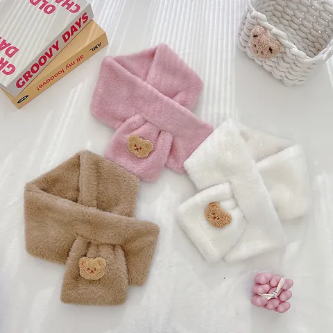 Sciarpa in Pelliccia di Coniglio Sintetica Con Toppa Orso Carino per Bambini Donna Peluche Caldo Scaldacollo Invernale