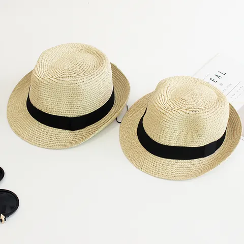 Summer Sun Protection Straw Hat Men Women Kids Outdoor Beach Fedora Panama Hat With Satin Ribbon Breathable Paper Jazz Hat
