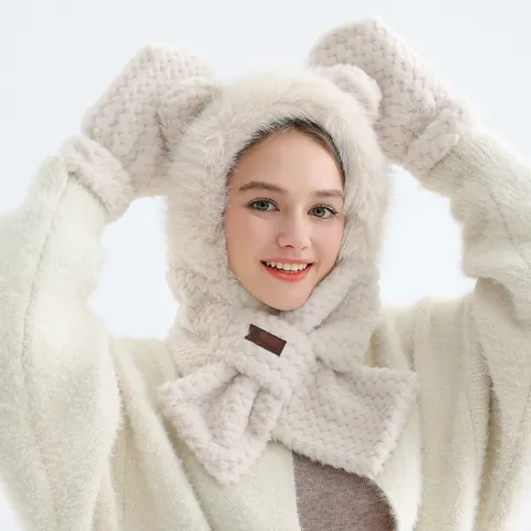 Women Winter Cute Bear Ear Plush Hat Scarf Gloves 3 In 1 Set Warm Fuzzy Faux Fur Hooded Neck Warmer With Pocket Gloves