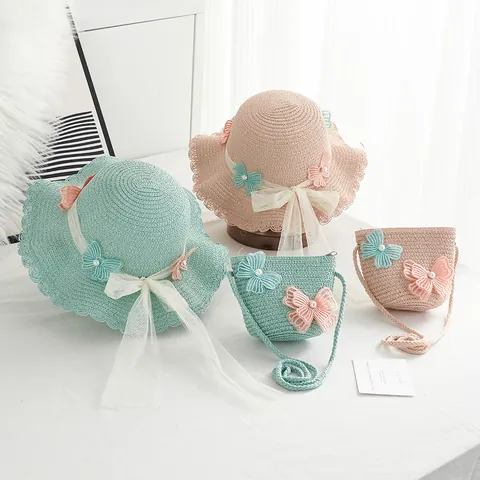 Girls Kids Straw Hat And Matching Mini Crossbody Bag Butterfly Pearls Lace Bow Wide Brim Sunshade Beach Summer Straw Hat Bag
