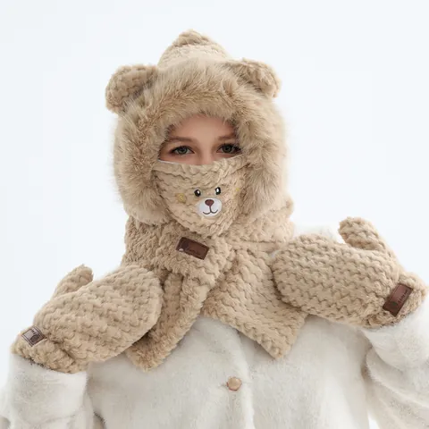 Ensemble Bonnet d'Hiver Oreilles d'Ours Fausse Fourrure Écharpe Masque et Gants pour Femme Chaud Peluche Coupe-vent Extérieur