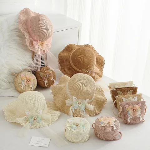 Sommer Papierstrohhut Und Passendes Taschen-Set Für Damen Kinder Schmetterling Blumen Spitze Dekor Strand Breite Krempe Sonnenhut