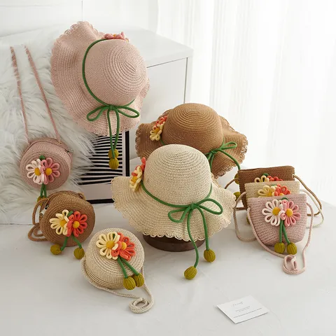 Kids Girls Summer Straw Sun Hat And Flower Crossbody Bag Set Wide Brim Beach Hat For Toddlers Children Travel Sun Protection