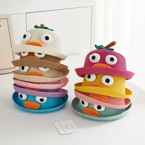 Kids Cartoon Funny Big Eyes Straw Hat Summer Sunscreen Sunshade Hat For Boys Girls Toddler Cute Duck Shape Woven Cap