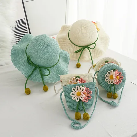 Kids Girls Summer Straw Sun Hat And Flower Crossbody Bag Set Wide Brim Beach Hat For Toddlers Children Travel Sun Protection