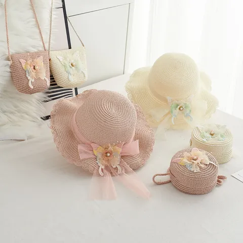 Sommer Papierstrohhut Und Passendes Taschen-Set Für Damen Kinder Schmetterling Blumen Spitze Dekor Strand Breite Krempe Sonnenhut