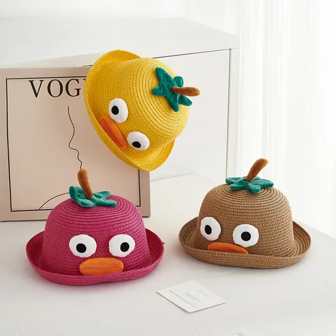 Kids Cartoon Funny Big Eyes Straw Hat Summer Sunscreen Sunshade Hat For Boys Girls Toddler Cute Duck Shape Woven Cap