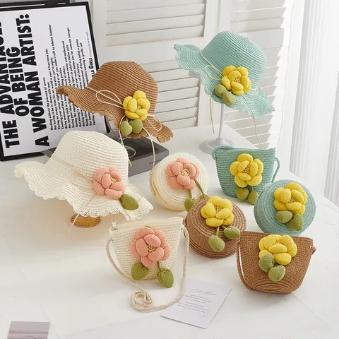 Cappello di Paglia Camelia Estivo per Bambini Donna Con Set di Borse Abbinate Parasole a Bordo Ondulato Cappello da Spiaggia per Vacanza