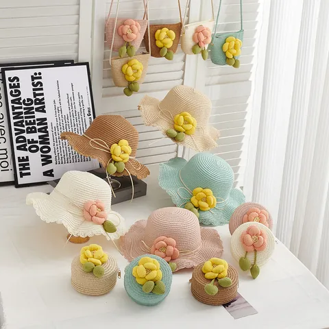 Cappello di Paglia Camelia Estivo per Bambini Donna Con Set di Borse Abbinate Parasole a Bordo Ondulato Cappello da Spiaggia per Vacanza