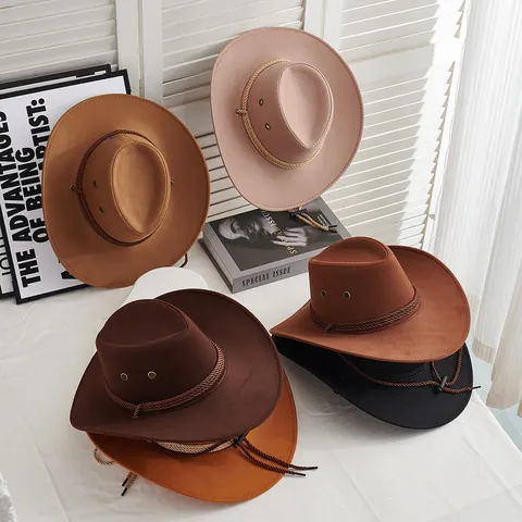 Vintage Western Cowboyhut Für Damen Herren Breite Krempe Wollfilz Jazzhut Mit Verstellbarem Windseil Outdoor Sonnenhut Fedora