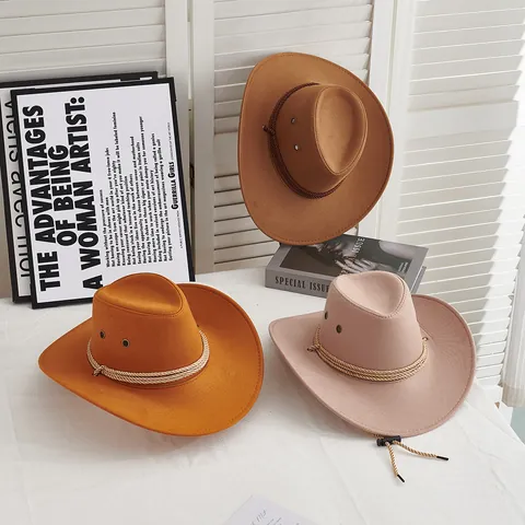 Vintage Western Cowboyhut Für Damen Herren Breite Krempe Wollfilz Jazzhut Mit Verstellbarem Windseil Outdoor Sonnenhut Fedora
