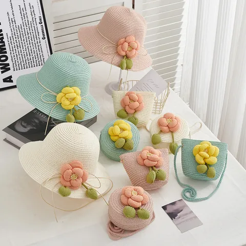 Summer Straw Sun Hat For Women Girls Kids Camellia Flower Wide Brim Beach Hat And Matching Straw Bag Travel Accessories