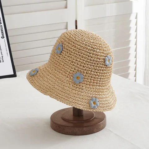 Handgefertigter Papierstroh Anglerhut Für Damen Kinder Süße Blume Sonnenschutz Sommerurlaub Strand Schatten Strohhut