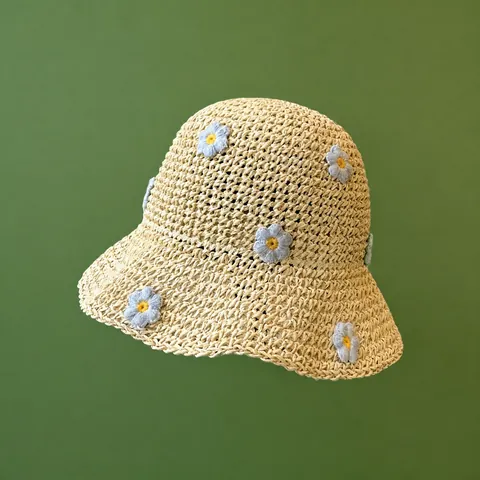 Handmade Paper Straw Bucket Hat For Women Kids Sweet Flower Sun Protection Summer Vacation Beach Shade Fisherman Hat