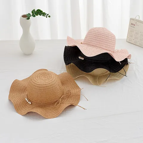 Sombrero de Paja de Papel Elegante para Mujer Con Decoración de Perlas Artificiales Lazo Ala Ancha Ondulada Protección Solar Sombrero de Playa