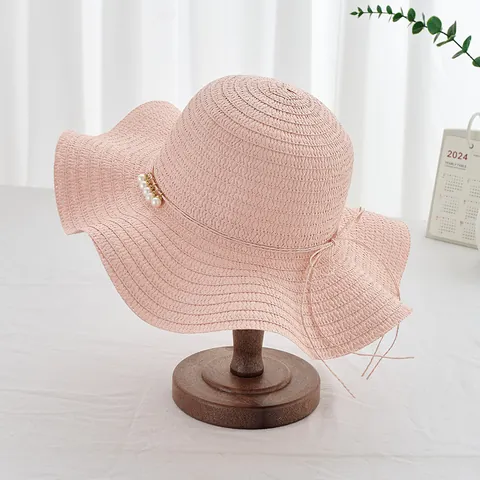 Sombrero de Paja de Papel Elegante para Mujer Con Decoración de Perlas Artificiales Lazo Ala Ancha Ondulada Protección Solar Sombrero de Playa