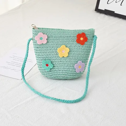 Sac Bandoulière Tissé en Paille pour Enfants Avec Fleurs au Crochet Colorées Mini Sac Seau pour Vacances à la Plage Filles